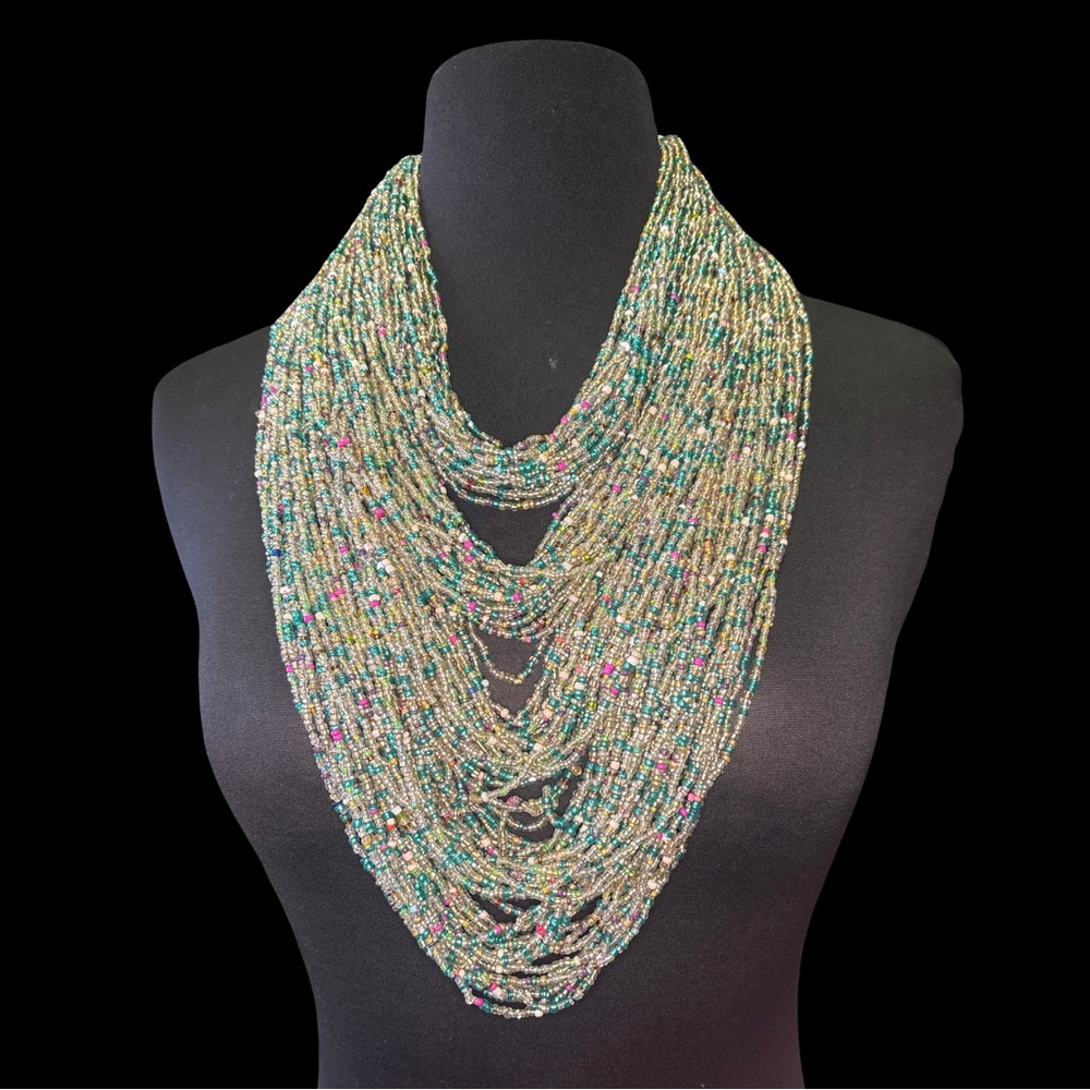 Boho Multistrand Seed Bead Statement Necklace – Layered Bib Style – New